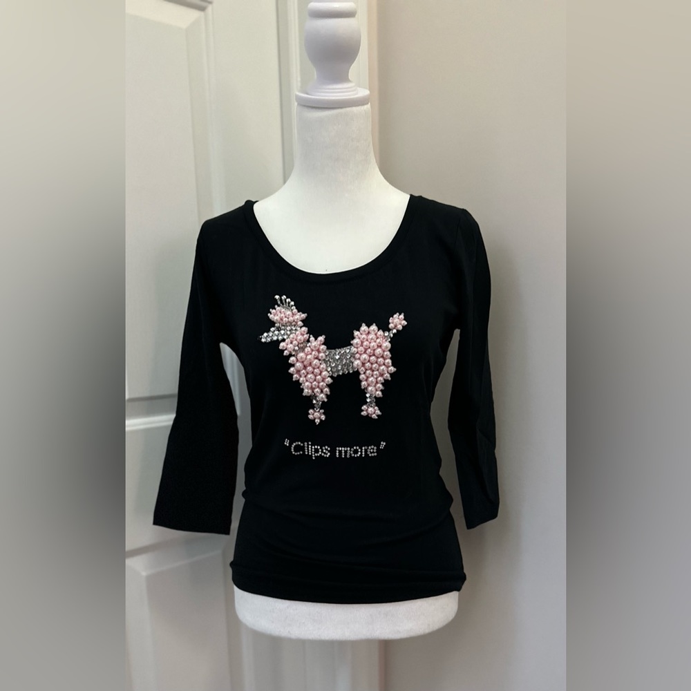 Clips More vintage black top with beaded poodle and three quarter length sleeves